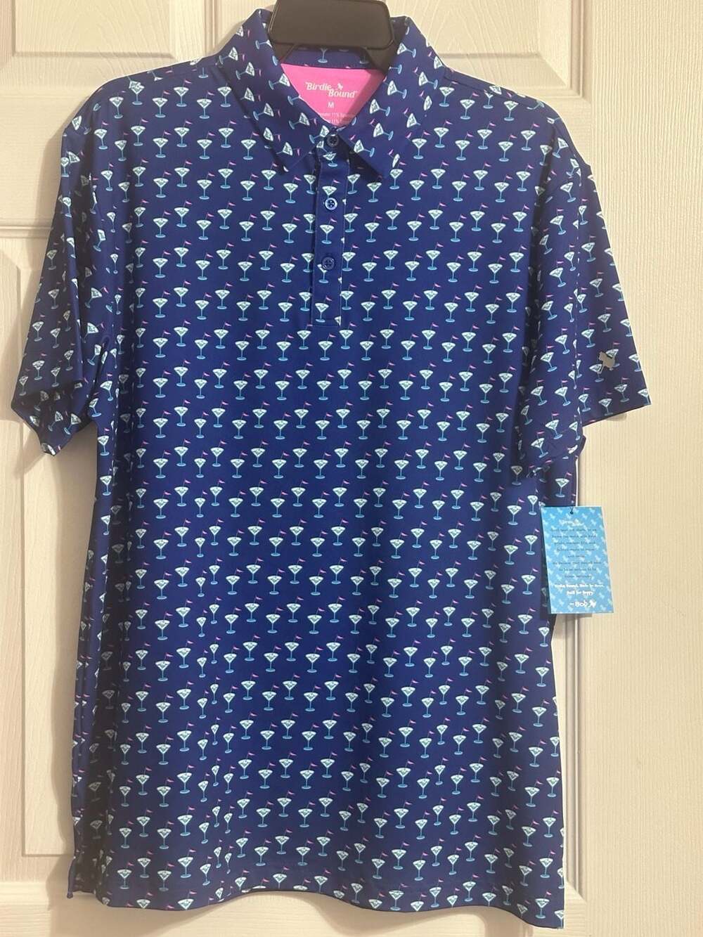 Birdie Bound Martini Print Golf Polo Shirt XL Blue Performance Stretch